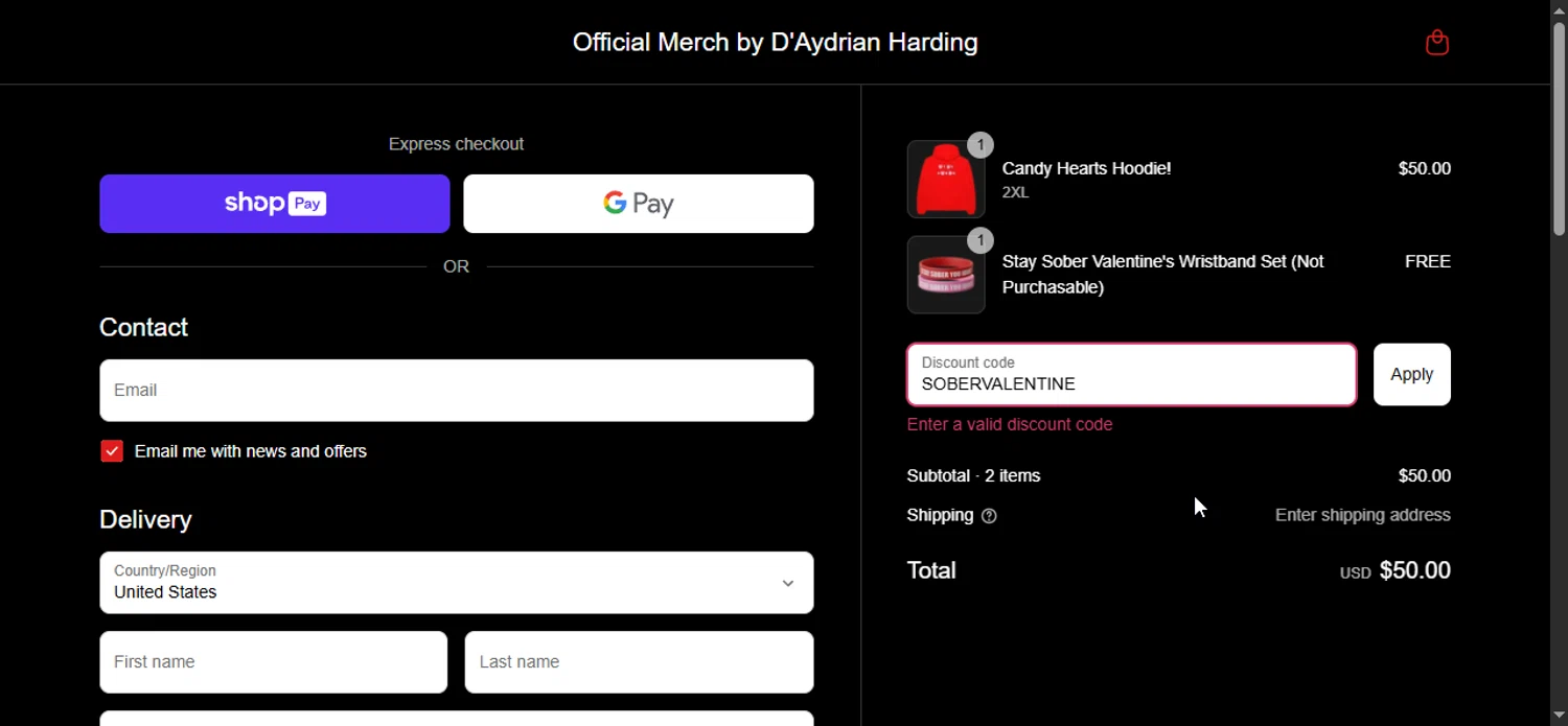 D'Aydrian Harding discount code screenshot showing code SOBERVALENTINE applied at D'Aydrian Harding checkout page. Uploaded by SimplyCodes community member Prospecto on Mar 26, 2025
