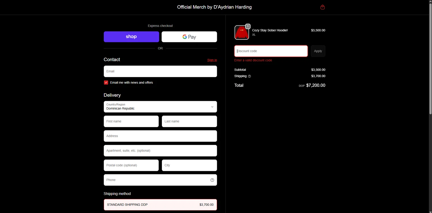 D'Aydrian Harding discount code screenshot showing code SOBERVALENTINE applied at D'Aydrian Harding checkout page. Uploaded by SimplyCodes community member SwiftCurator5517 on Feb 16, 2026