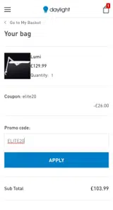 ELITE20 coupon verification screenshot