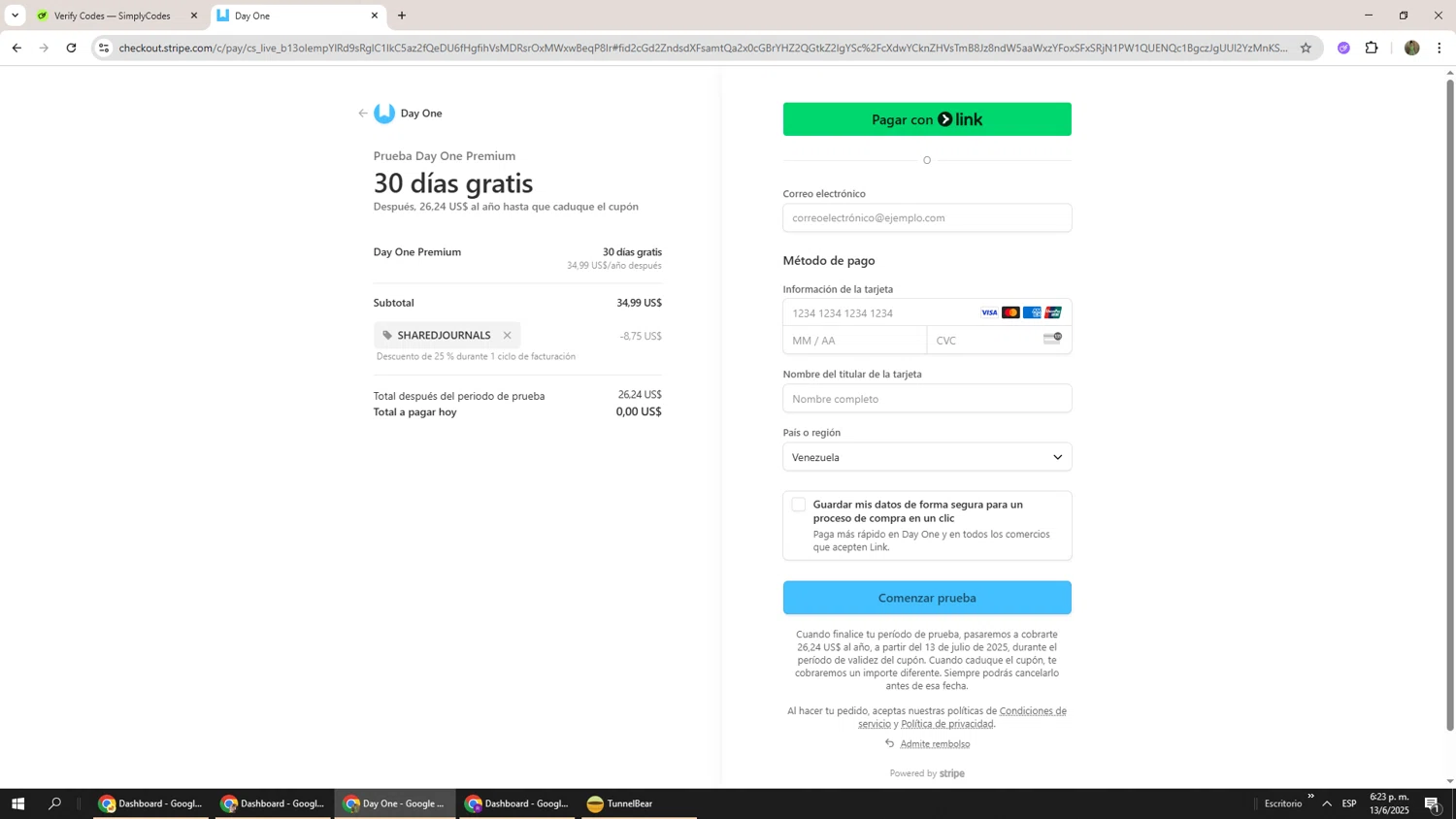 Day One Journal App promo code screenshot showing code SHAREDJOURNALS applied at Day One Journal App checkout page. Uploaded by SimplyCodes community member Phoenix585 on Jun 13, 2025