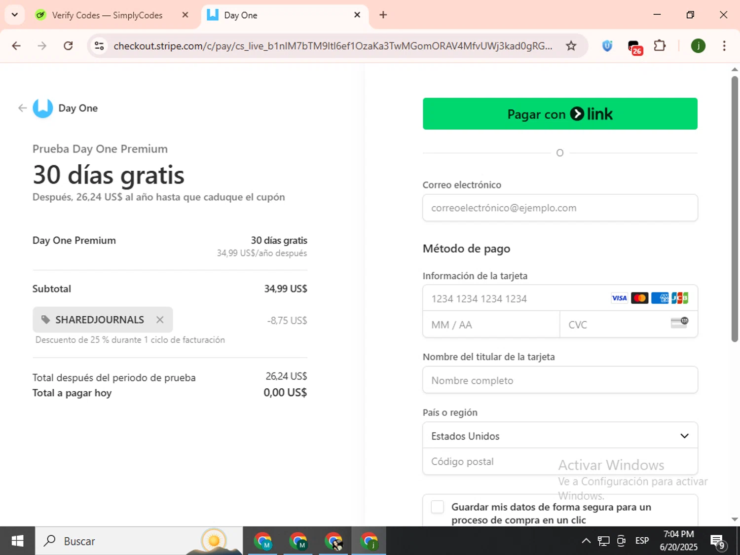 Day One Journal App promo code screenshot showing code SHAREDJOURNALS applied at Day One Journal App checkout page. Uploaded by SimplyCodes community member SavingsCollector2592 on Jun 20, 2025