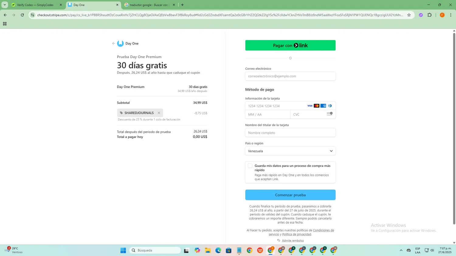 Day One Journal App promo code screenshot showing code SHAREDJOURNALS applied at Day One Journal App checkout page. Uploaded by SimplyCodes community member SavvyCollector9528 on Jun 27, 2025