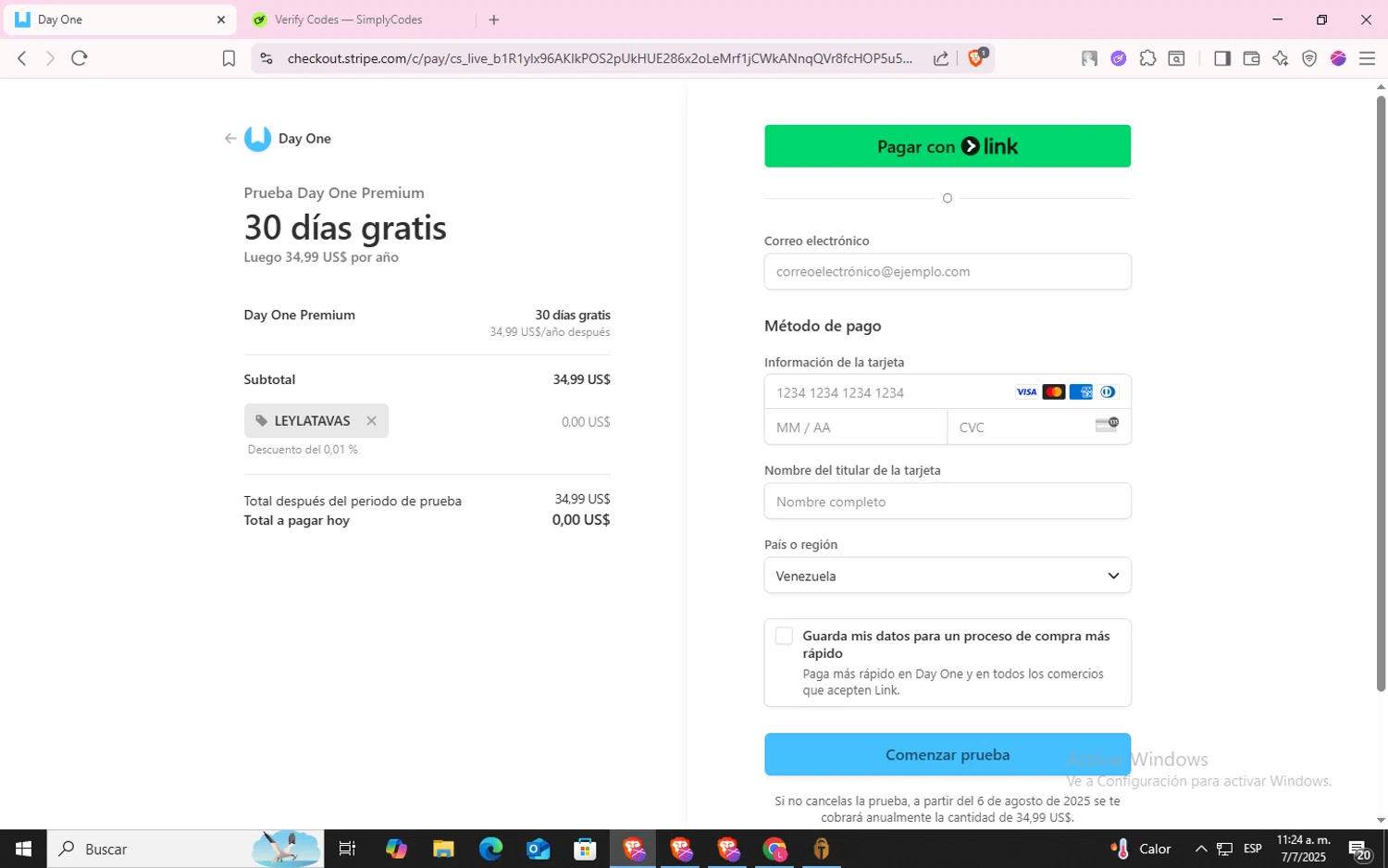 Day One Journal App checkout page showing Day One Journal App promo code box | Screenshot taken by SimplyCodes community member on Jul 7, 2025