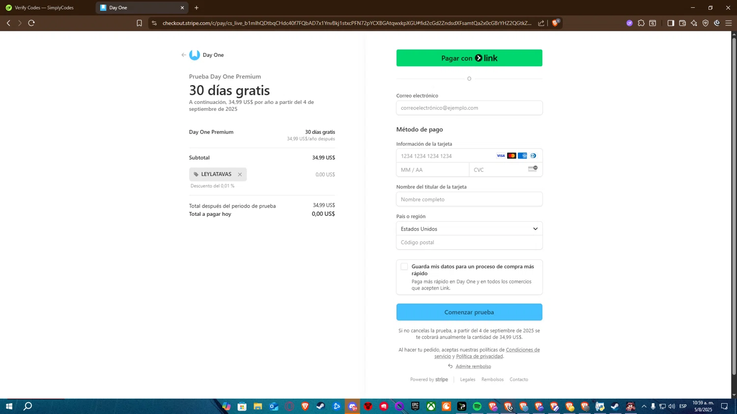Day One Journal App promo code screenshot showing code leylatavas applied at Day One Journal App checkout page. Uploaded by SimplyCodes community member Rey_Arruinado on Aug 5, 2025