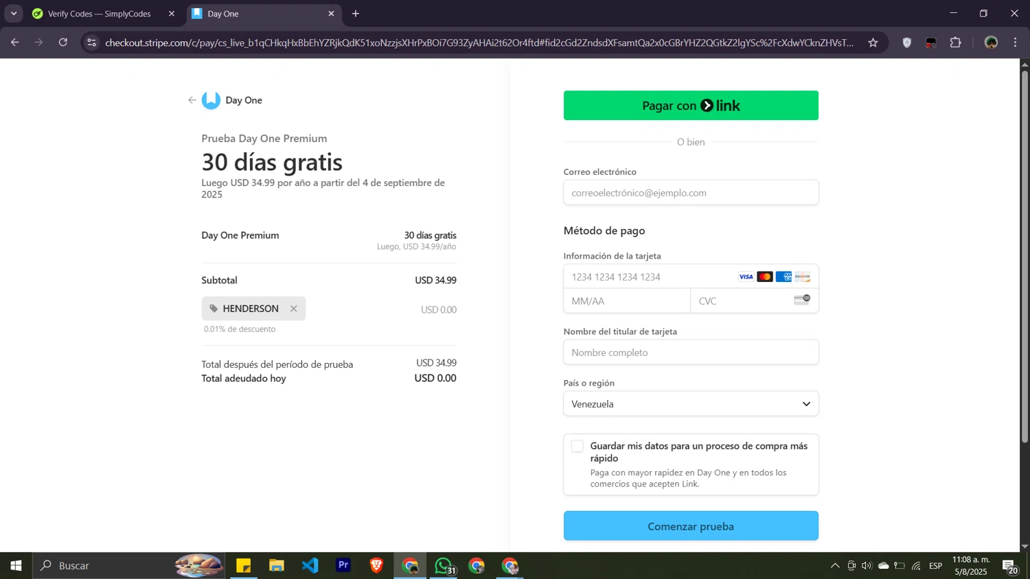 Day One Journal App promo code screenshot showing code henderson applied at Day One Journal App checkout page. Uploaded by SimplyCodes community member Moisesdk0 on Aug 5, 2025