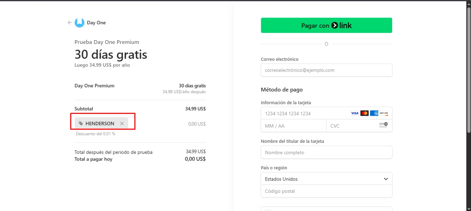 Day One Journal App promo code screenshot showing code henderson applied at Day One Journal App checkout page. Uploaded by SimplyCodes community member noworries on Jul 7, 2025