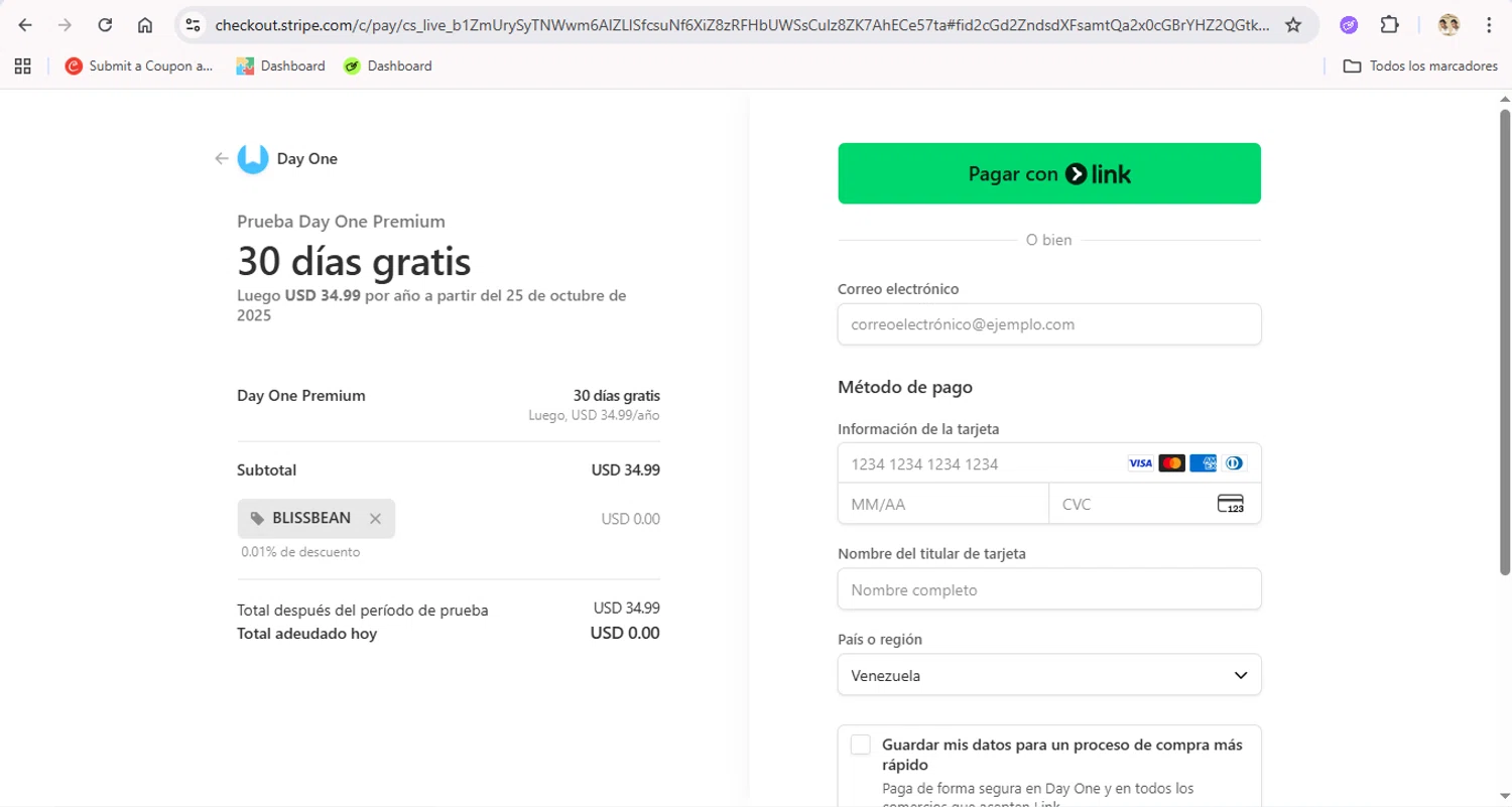 Day One Journal App promo code screenshot showing code blissbean applied at Day One Journal App checkout page. Uploaded by SimplyCodes community member LegendaryTitan9160 on Sep 25, 2025