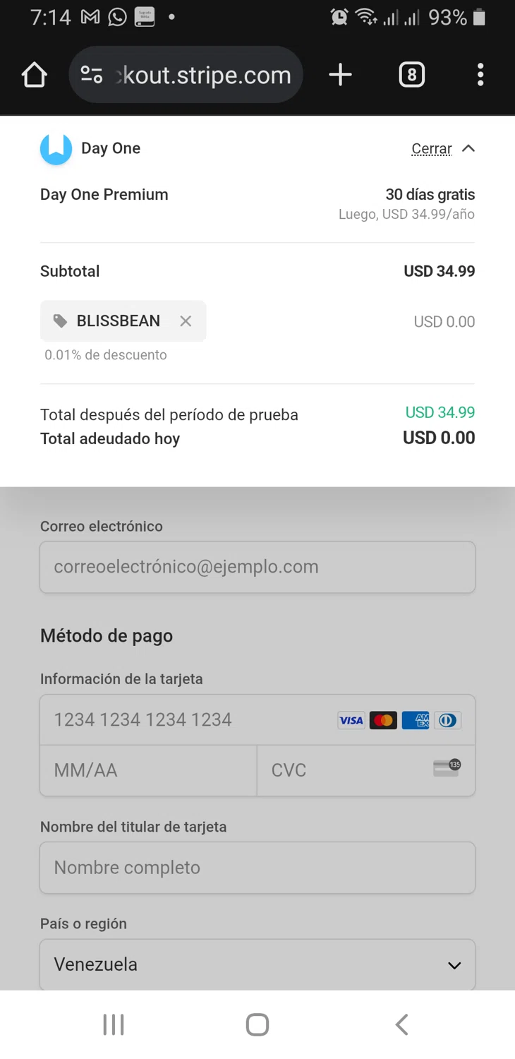 Day One Journal App promo code screenshot showing code blissbean applied at Day One Journal App checkout page. Uploaded by SimplyCodes community member TreasureLynx6841 on Jun 1, 2025