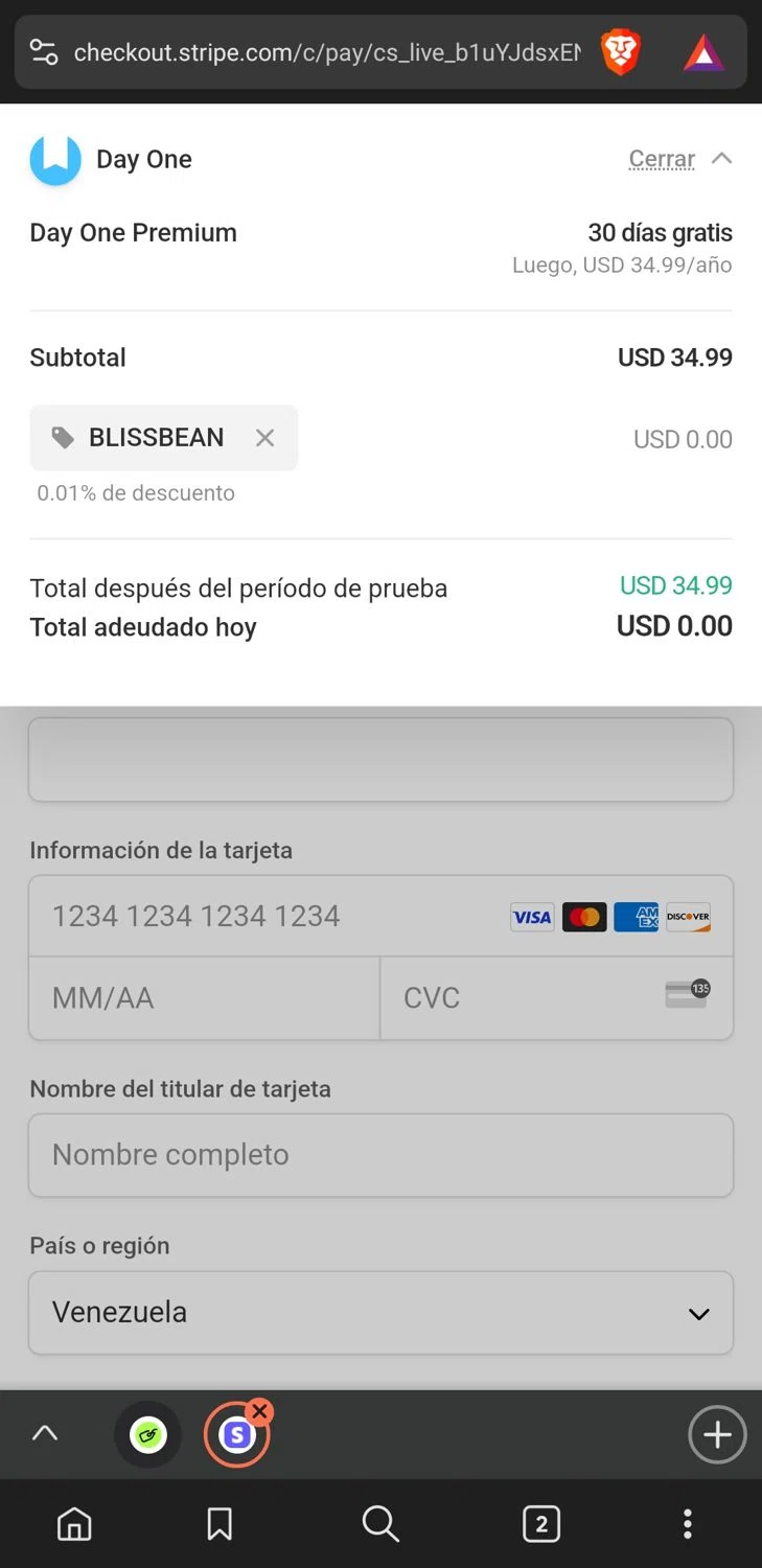 Day One Journal App promo code screenshot showing code blissbean applied at Day One Journal App checkout page. Uploaded by SimplyCodes community member xxdddd on Apr 4, 2025