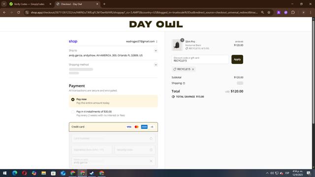 Day Owl checkout page showing Day Owl discount code box | Screenshot taken by SimplyCodes community member on Sep 12, 2025