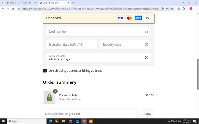 Day Owl checkout page showing Day Owl discount code box | Screenshot taken by SimplyCodes community member on Sep 12, 2025