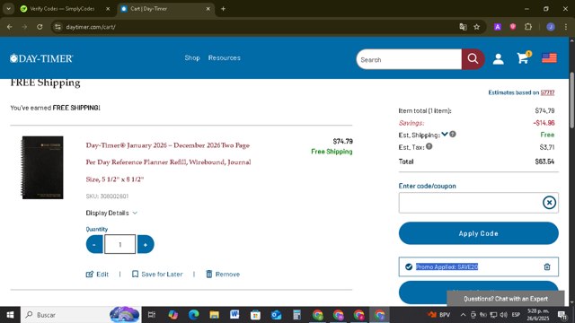 Day-Timer checkout page showing Day-Timer promo code box | Screenshot taken by SimplyCodes community member on Jun 26, 2025