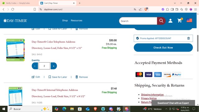 Day-Timer checkout page showing Day-Timer promo code box | Screenshot taken by SimplyCodes community member on Jun 26, 2025