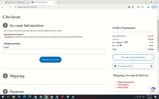Day-Timer checkout page showing Day-Timer promo code box | Screenshot taken by SimplyCodes community member on Aug 1, 2025