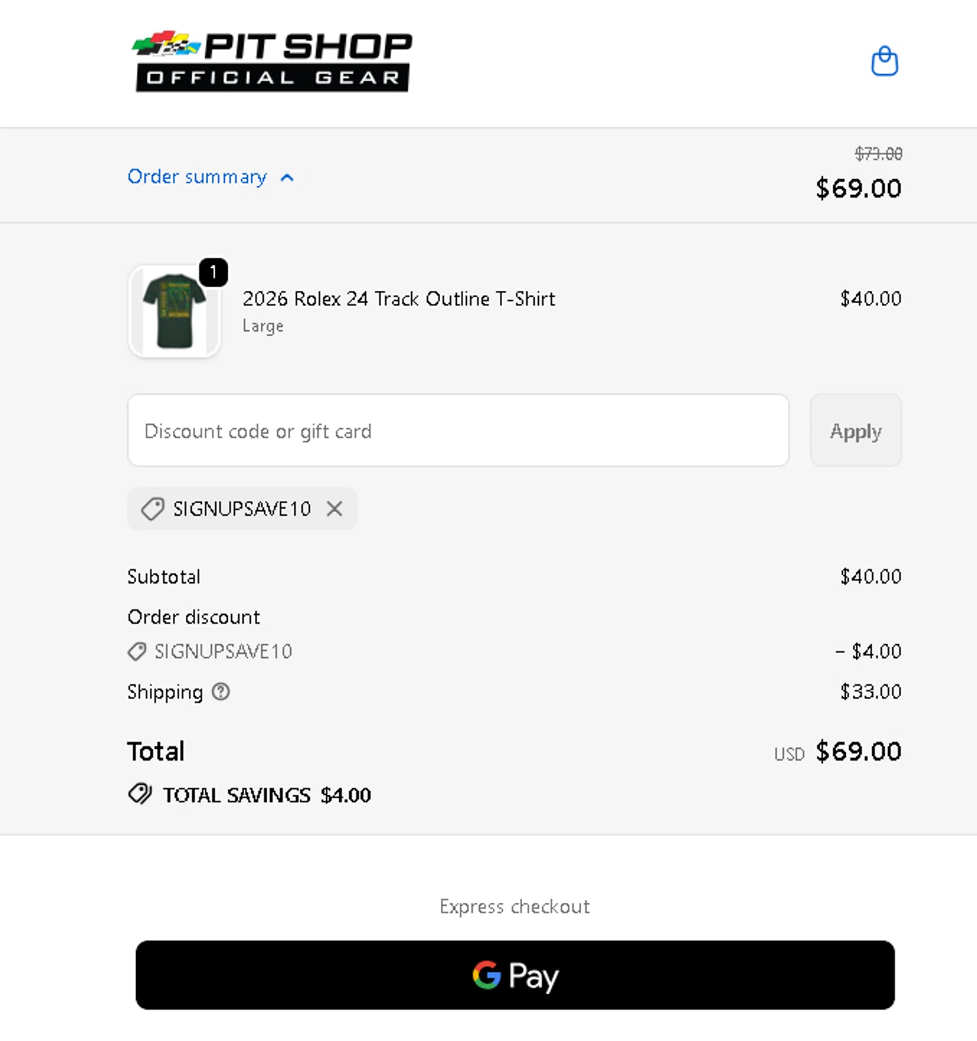Daytona International Speedway coupon code screenshot showing code SIGNUPSAVE10 applied at Daytona International Speedway checkout page. Uploaded by SimplyCodes community member Gaby04 on Jan 29, 2026