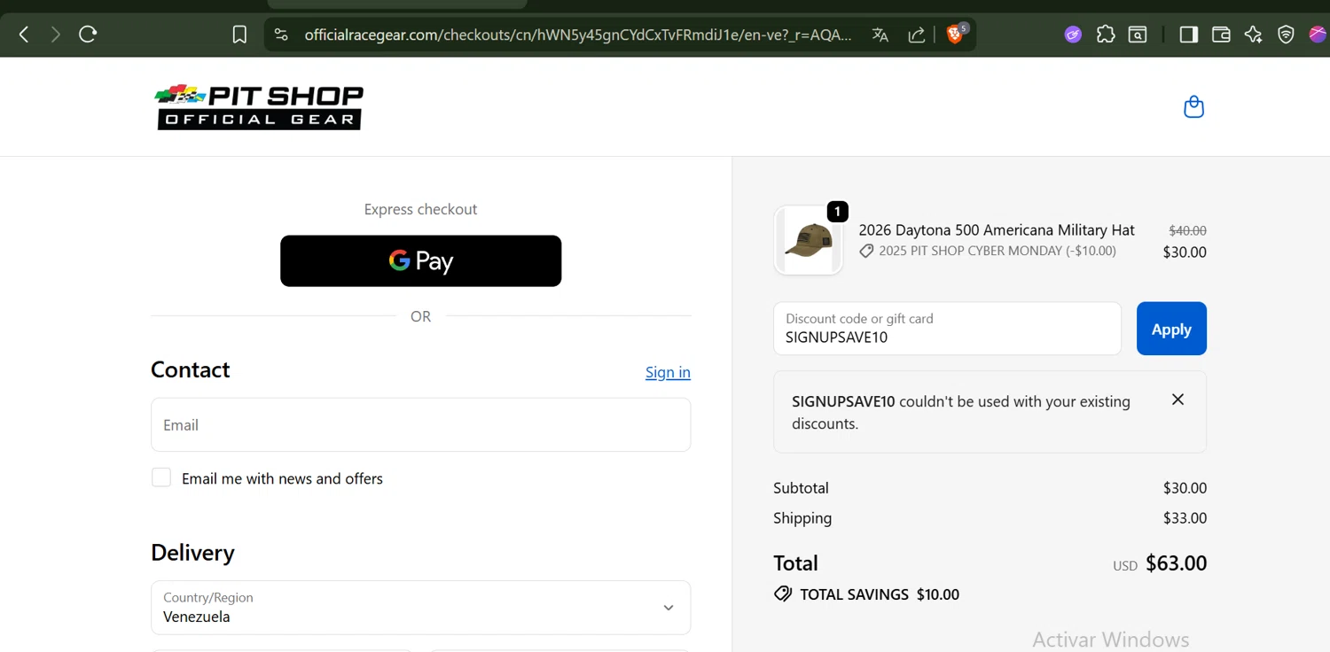 Daytona International Speedway coupon code screenshot showing code SIGNUPSAVE10 applied at Daytona International Speedway checkout page. Uploaded by SimplyCodes community member SwiftLynx6587 on Dec 2, 2025