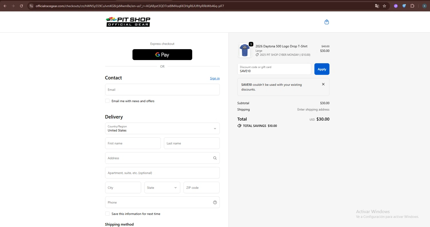 Daytona International Speedway coupon code screenshot showing code SAVE10 applied at Daytona International Speedway checkout page. Uploaded by SimplyCodes community member CleverChaser9201 on Dec 2, 2025