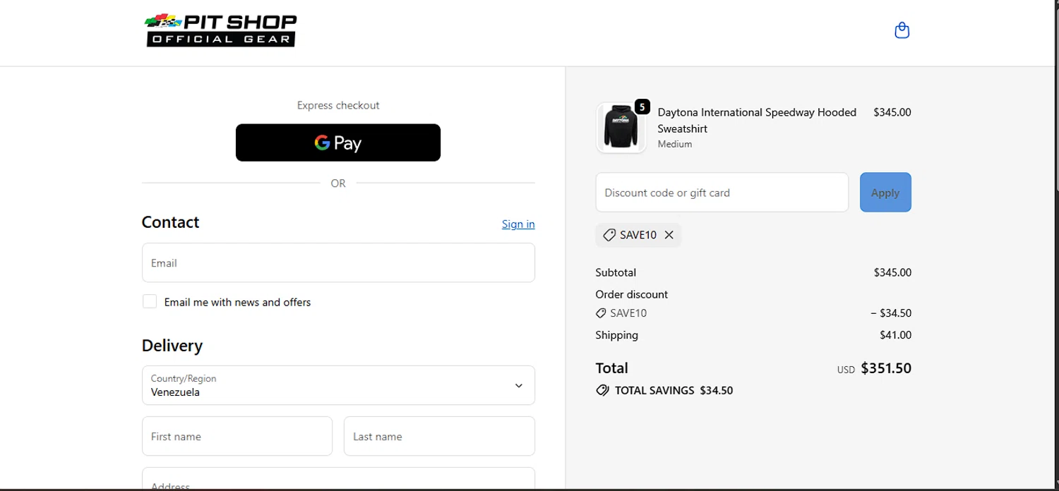 Daytona International Speedway coupon code screenshot showing code SAVE10 applied at Daytona International Speedway checkout page. Uploaded by SimplyCodes community member DiscountLion3937 on Oct 4, 2025