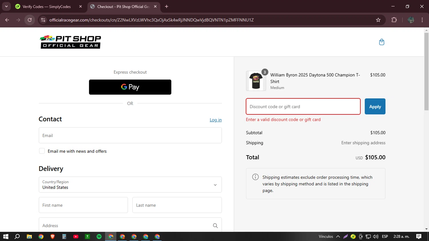 Daytona International Speedway coupon code screenshot showing code CLEAR50 applied at Daytona International Speedway checkout page. Uploaded by SimplyCodes community member Mr_Allighieri on Feb 26, 2025