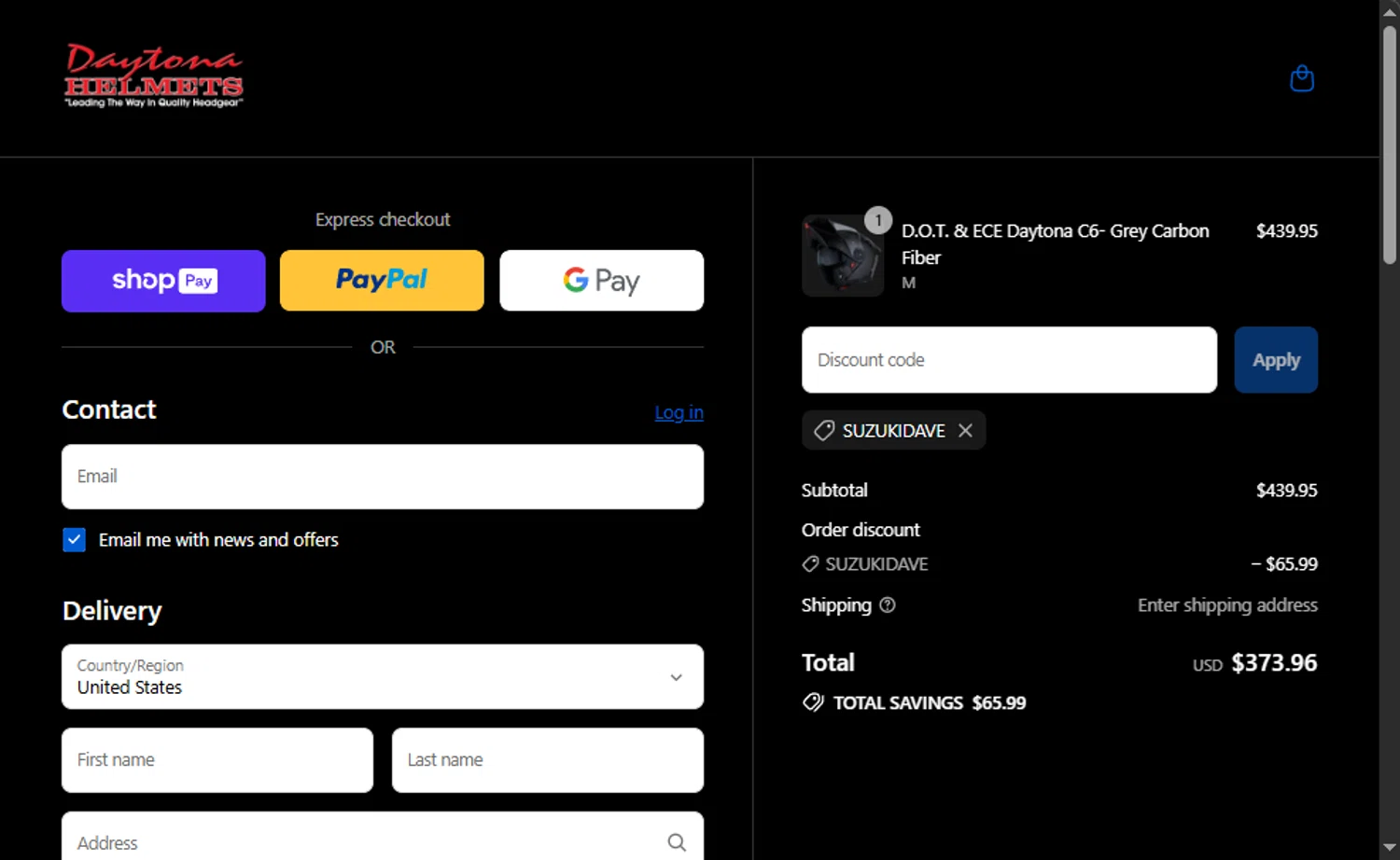 Daytona Helmets discount code screenshot showing code SUZUKIDAVE applied at Daytona Helmets checkout page. Uploaded by SimplyCodes community member Santi_ago on Aug 26, 2025