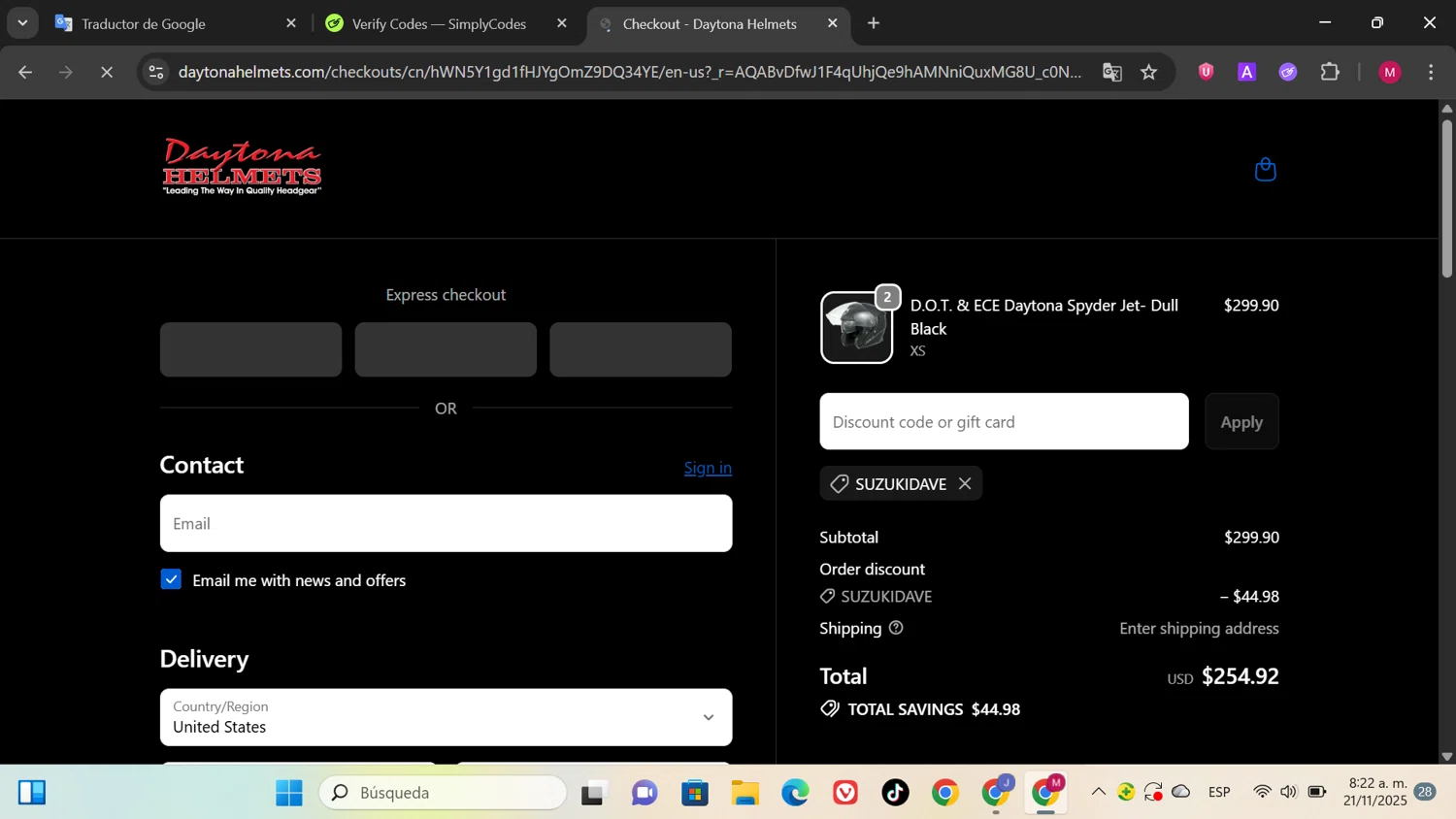 Daytona Helmets discount code screenshot showing code SUZUKIDAVE applied at Daytona Helmets checkout page. Uploaded by SimplyCodes community member SwiftPioneer1769 on Nov 21, 2025