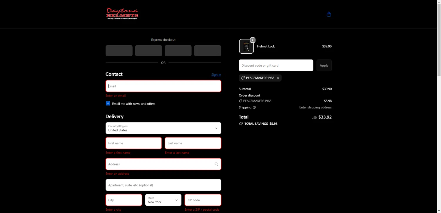Daytona Helmets discount code screenshot showing code PEACEMAKERS1968 applied at Daytona Helmets checkout page. Uploaded by SimplyCodes community member SilverPioneer1110 on Oct 7, 2025