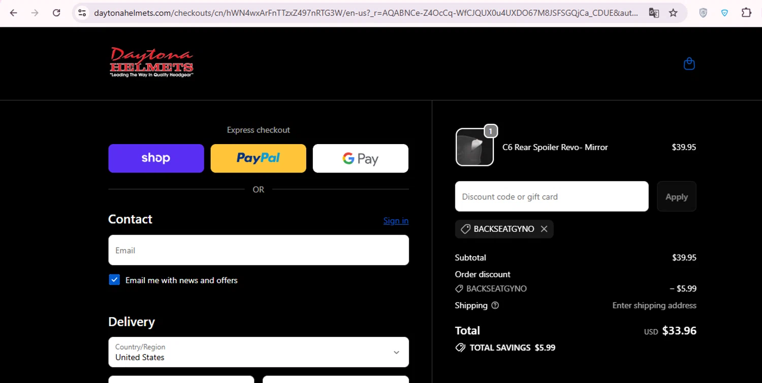 Daytona Helmets discount code screenshot showing code BACKSEATGYNO applied at Daytona Helmets checkout page. Uploaded by SimplyCodes community member carol_lameda on Nov 5, 2025