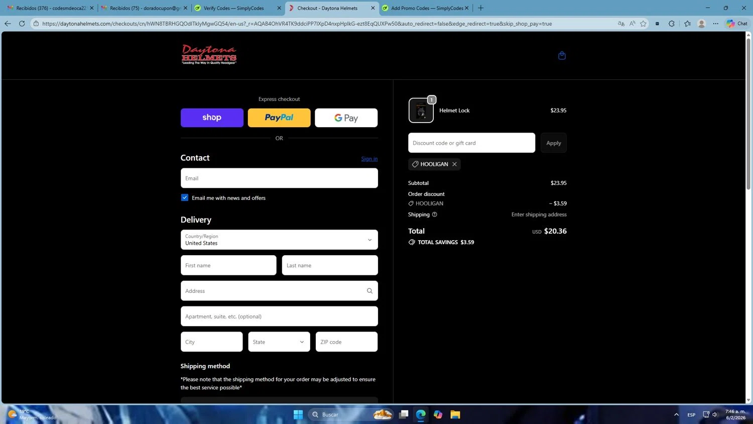 Daytona Helmets discount code screenshot showing code HOOLIGAN applied at Daytona Helmets checkout page. Uploaded by SimplyCodes community member Mdeoca on Feb 6, 2026