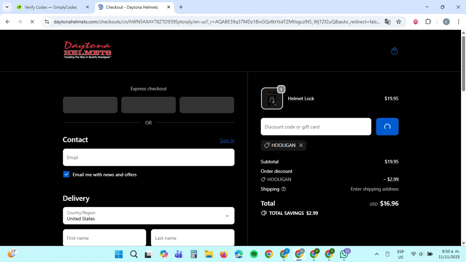 Daytona Helmets discount code screenshot showing code HOOLIGAN applied at Daytona Helmets checkout page. Uploaded by SimplyCodes community member ValiantCaptain6560 on Nov 11, 2025