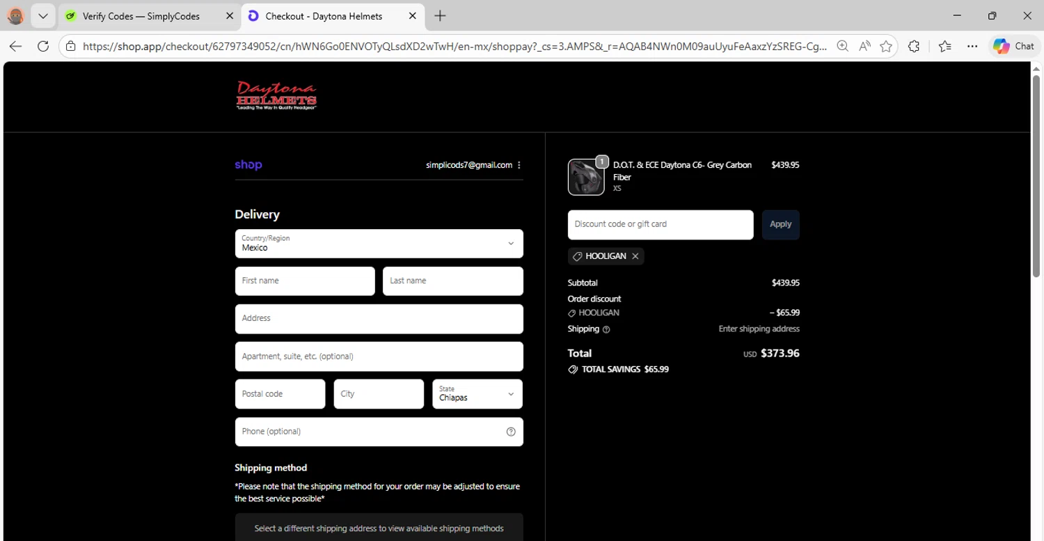 Daytona Helmets discount code screenshot showing code HOOLIGAN applied at Daytona Helmets checkout page. Uploaded by SimplyCodes community member fhddfhfdhwert on Dec 10, 2025