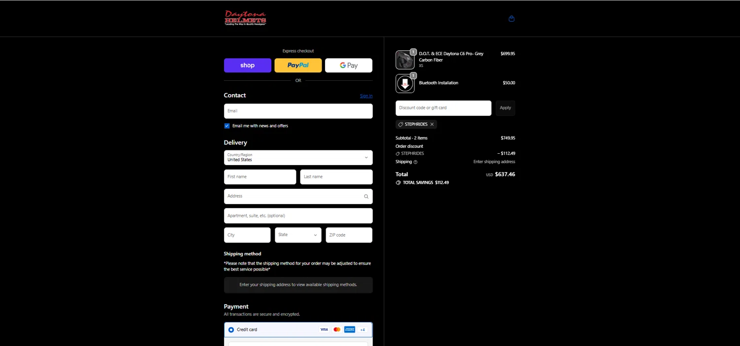 Daytona Helmets discount code screenshot showing code StephRides applied at Daytona Helmets checkout page. Uploaded by SimplyCodes community member reggiesmith on Feb 6, 2026