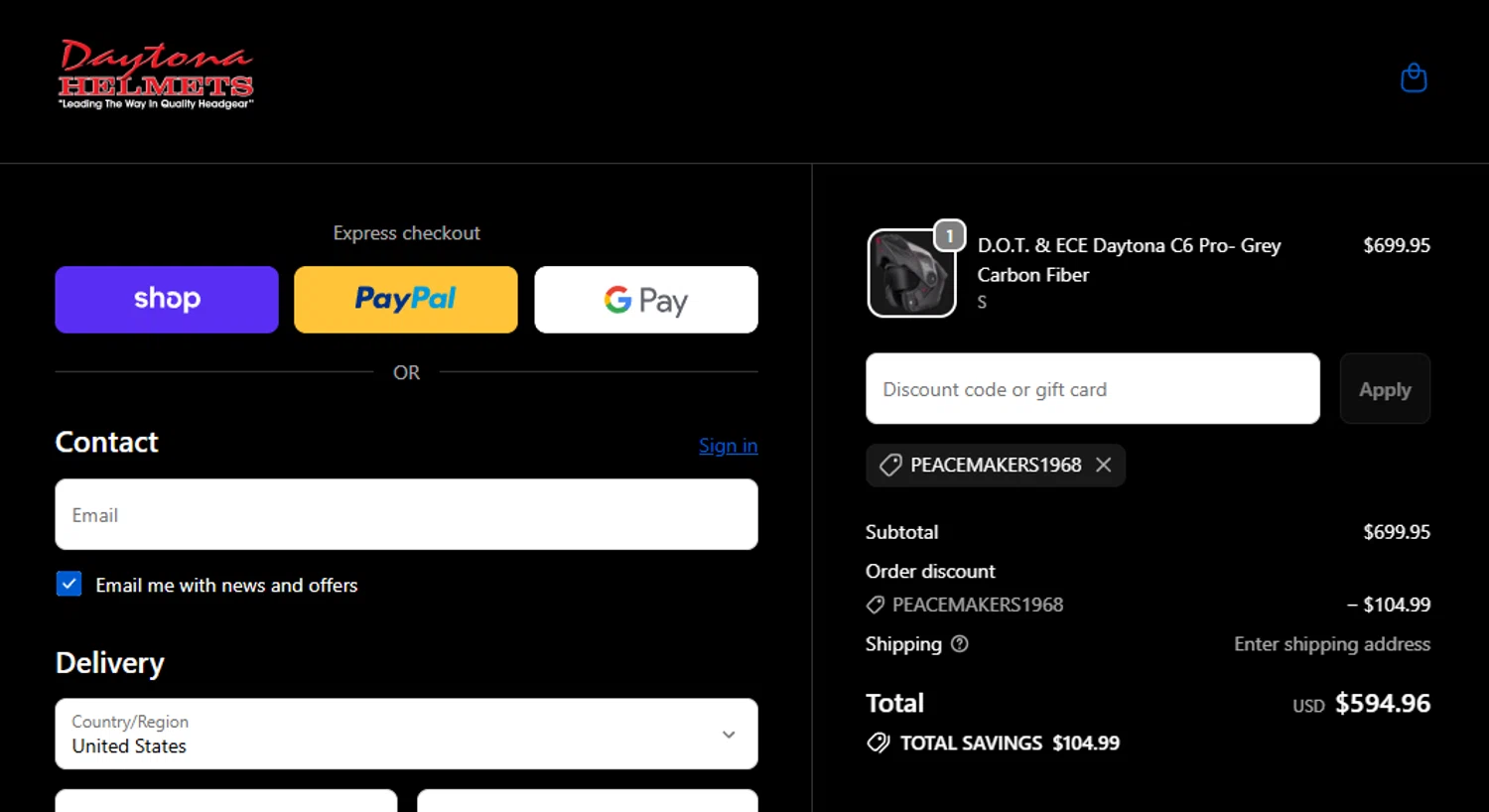 Daytona Helmets discount code screenshot showing code PEACEMAKERS1968 applied at Daytona Helmets checkout page. Uploaded by SimplyCodes community member koronaonao on Oct 7, 2025