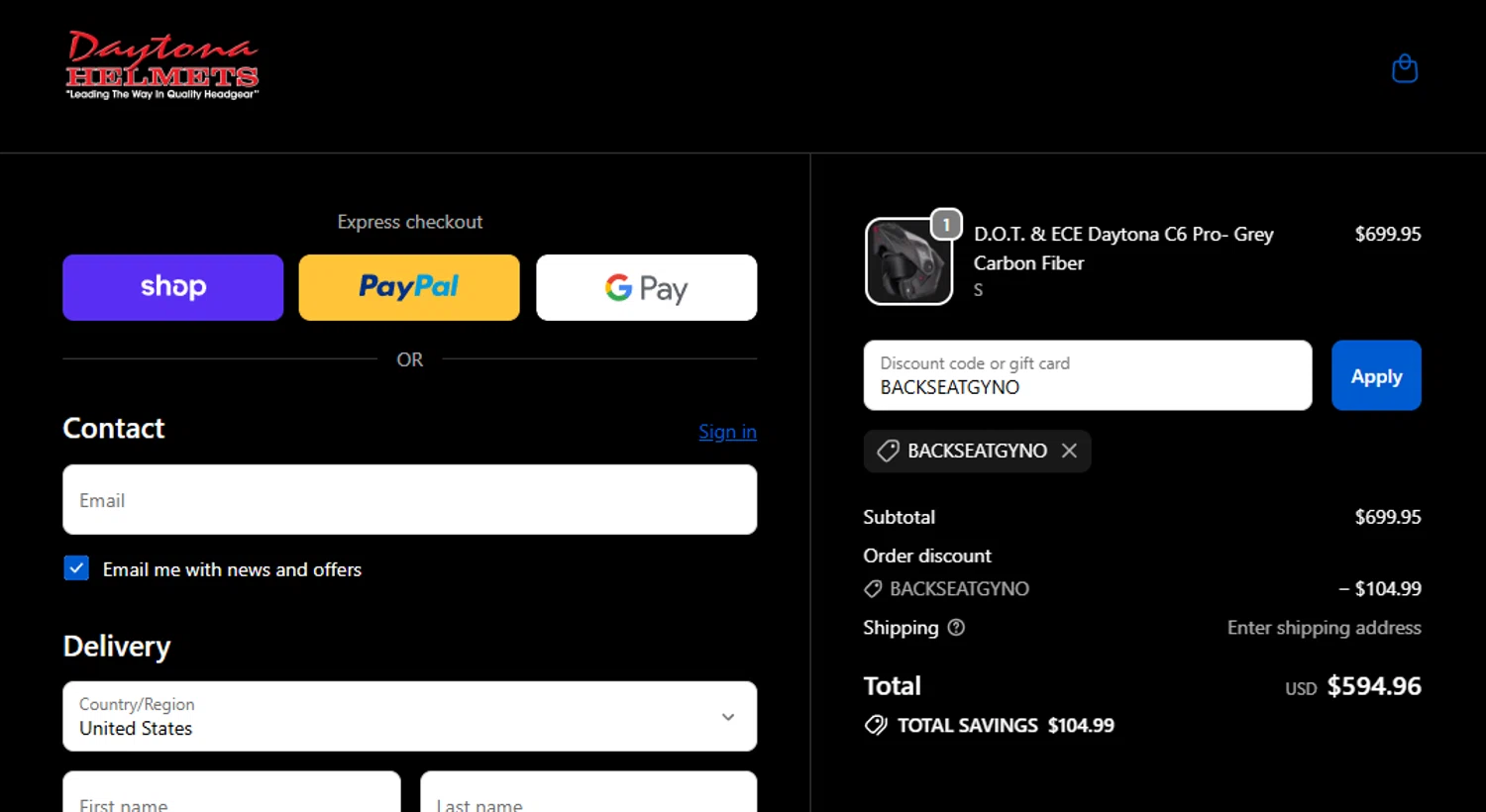 Daytona Helmets discount code screenshot showing code BACKSEATGYNO applied at Daytona Helmets checkout page. Uploaded by SimplyCodes community member koronaonao on Oct 7, 2025