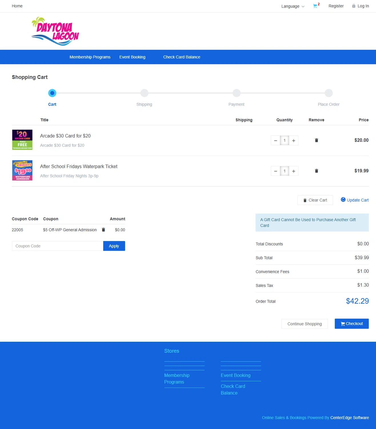Daytona Lagoon promo code screenshot showing code 22005 applied at Daytona Lagoon checkout page. Uploaded by SimplyCodes community member SunJinWoo on Sep 26, 2025