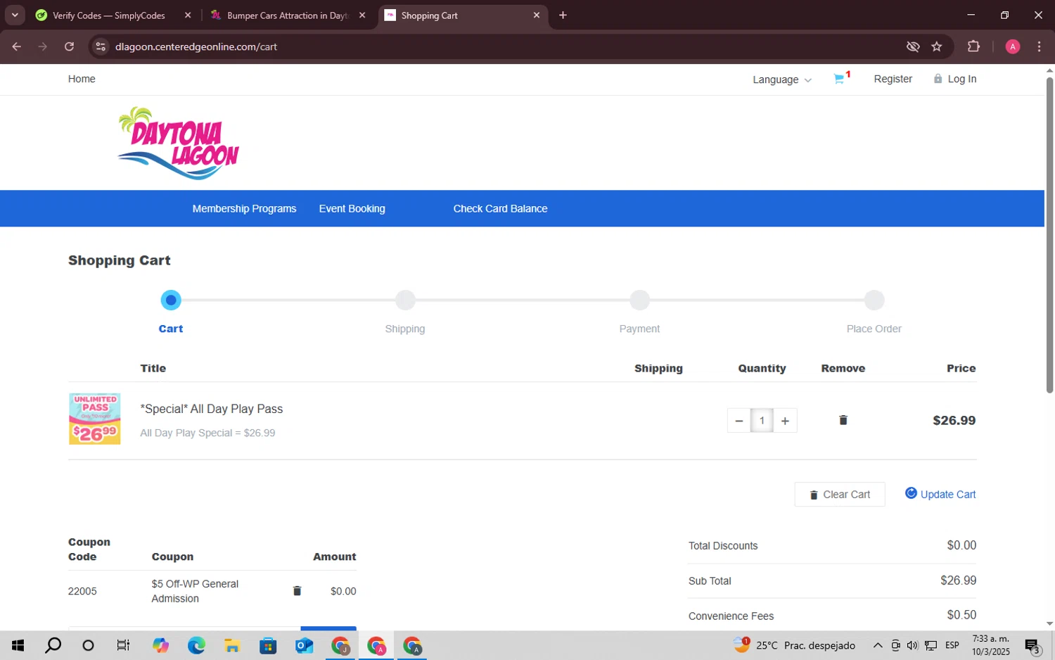 Daytona Lagoon promo code screenshot showing code 22005 applied at Daytona Lagoon checkout page. Uploaded by SimplyCodes community member SaleScholar6713 on Mar 10, 2025