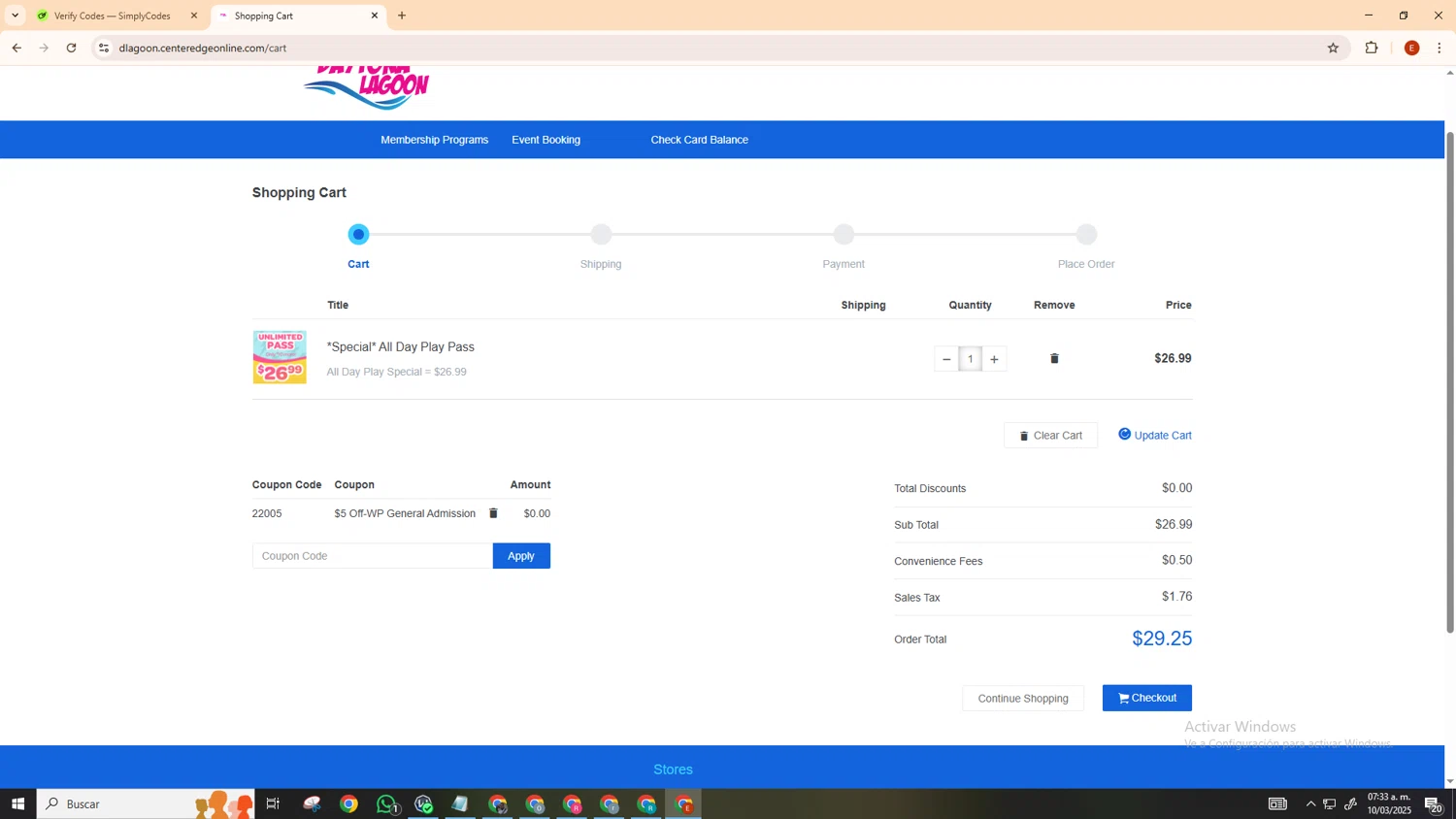 Daytona Lagoon promo code screenshot showing code 22005 applied at Daytona Lagoon checkout page. Uploaded by SimplyCodes community member MoneyScout5902 on Mar 10, 2025