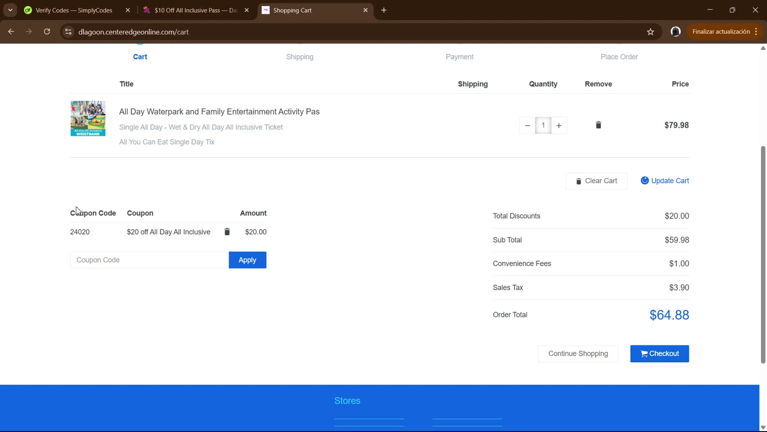Daytona Lagoon promo code screenshot showing code 24020 applied at Daytona Lagoon checkout page. Uploaded by SimplyCodes community member Lulalula on Mar 27, 2025