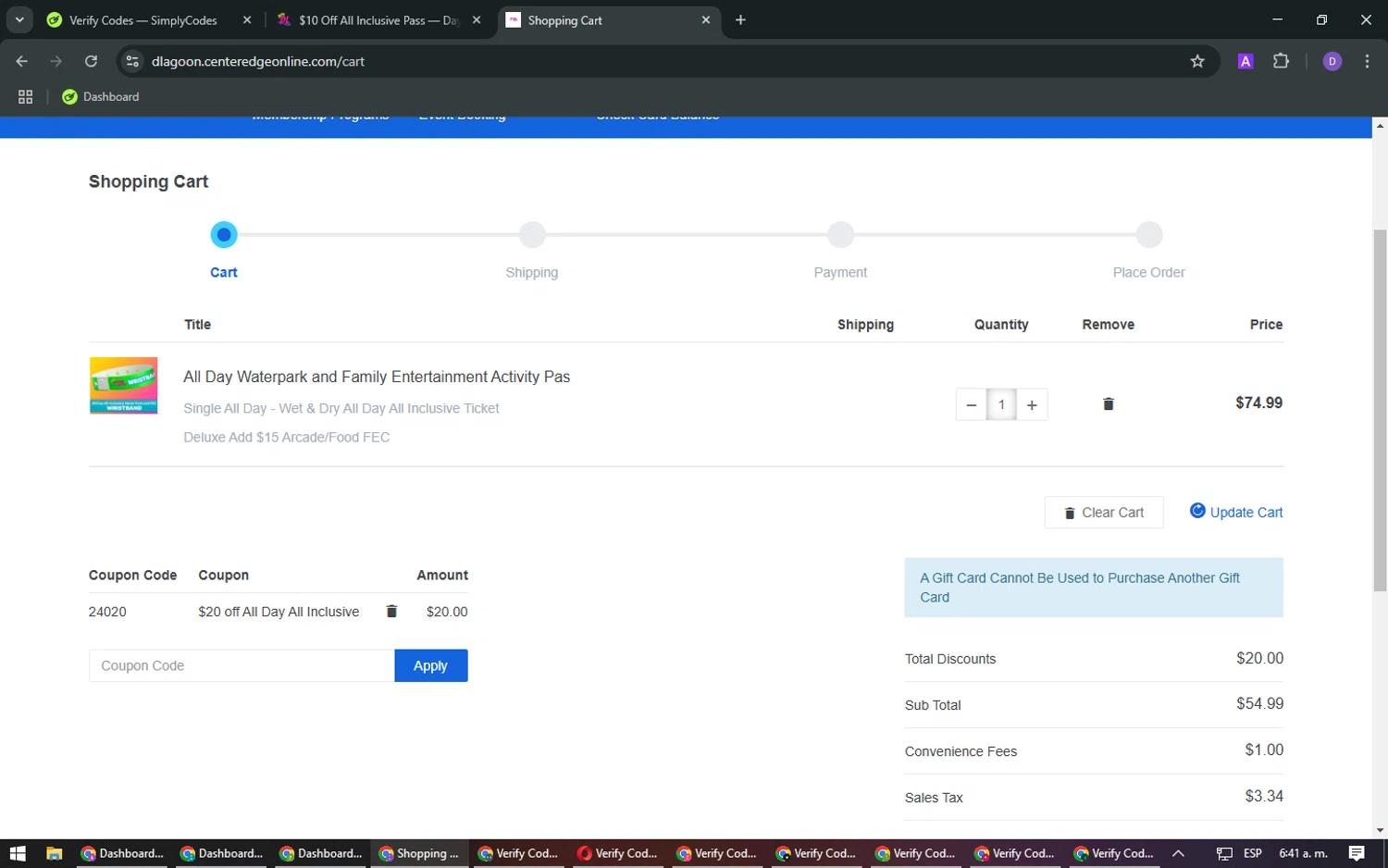 Daytona Lagoon promo code screenshot showing code 24020 applied at Daytona Lagoon checkout page. Uploaded by SimplyCodes community member CashSleuth4660 on Feb 26, 2025