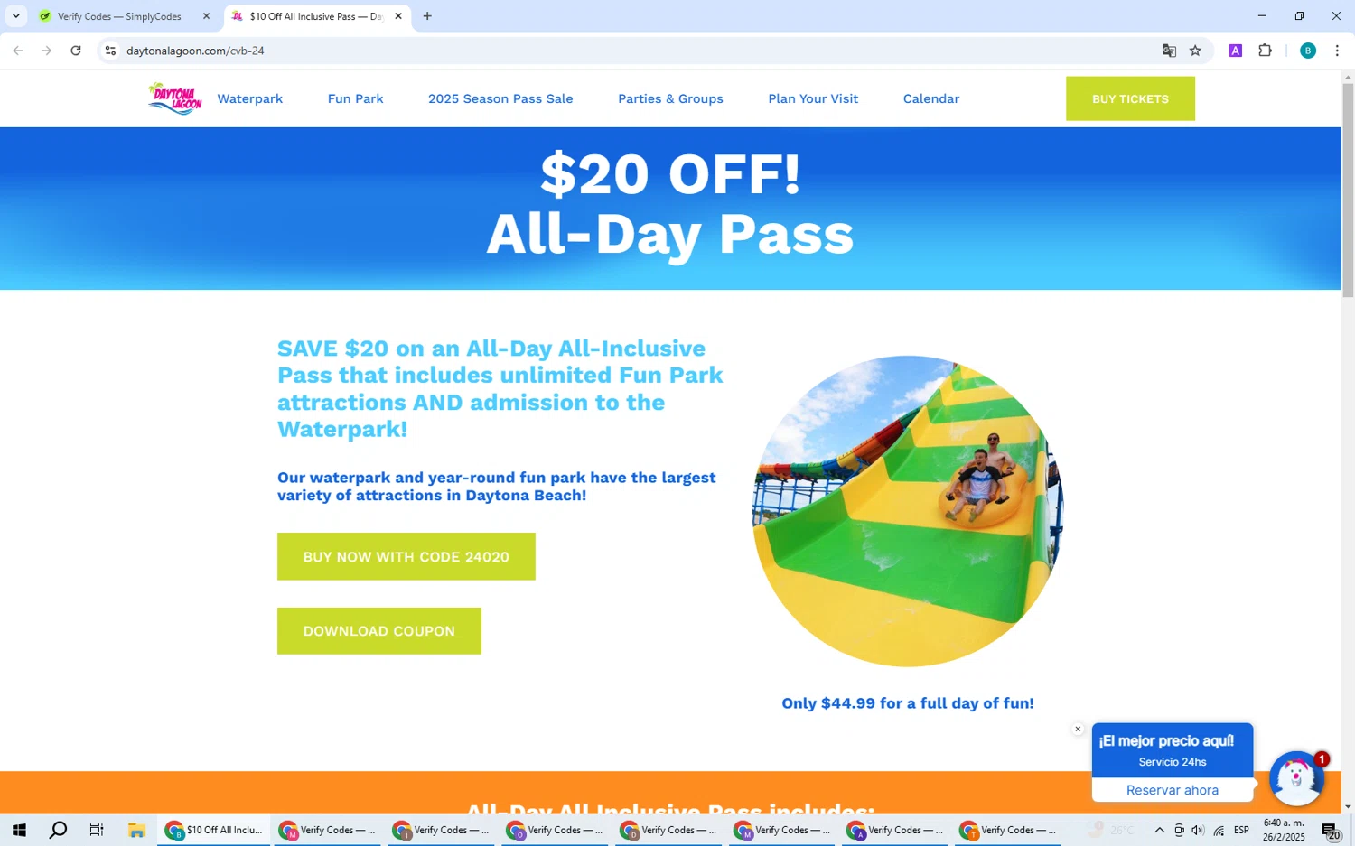 Daytona Lagoon promo code screenshot showing code 24020 applied at Daytona Lagoon checkout page. Uploaded by SimplyCodes community member CleverPilot5845 on Feb 26, 2025