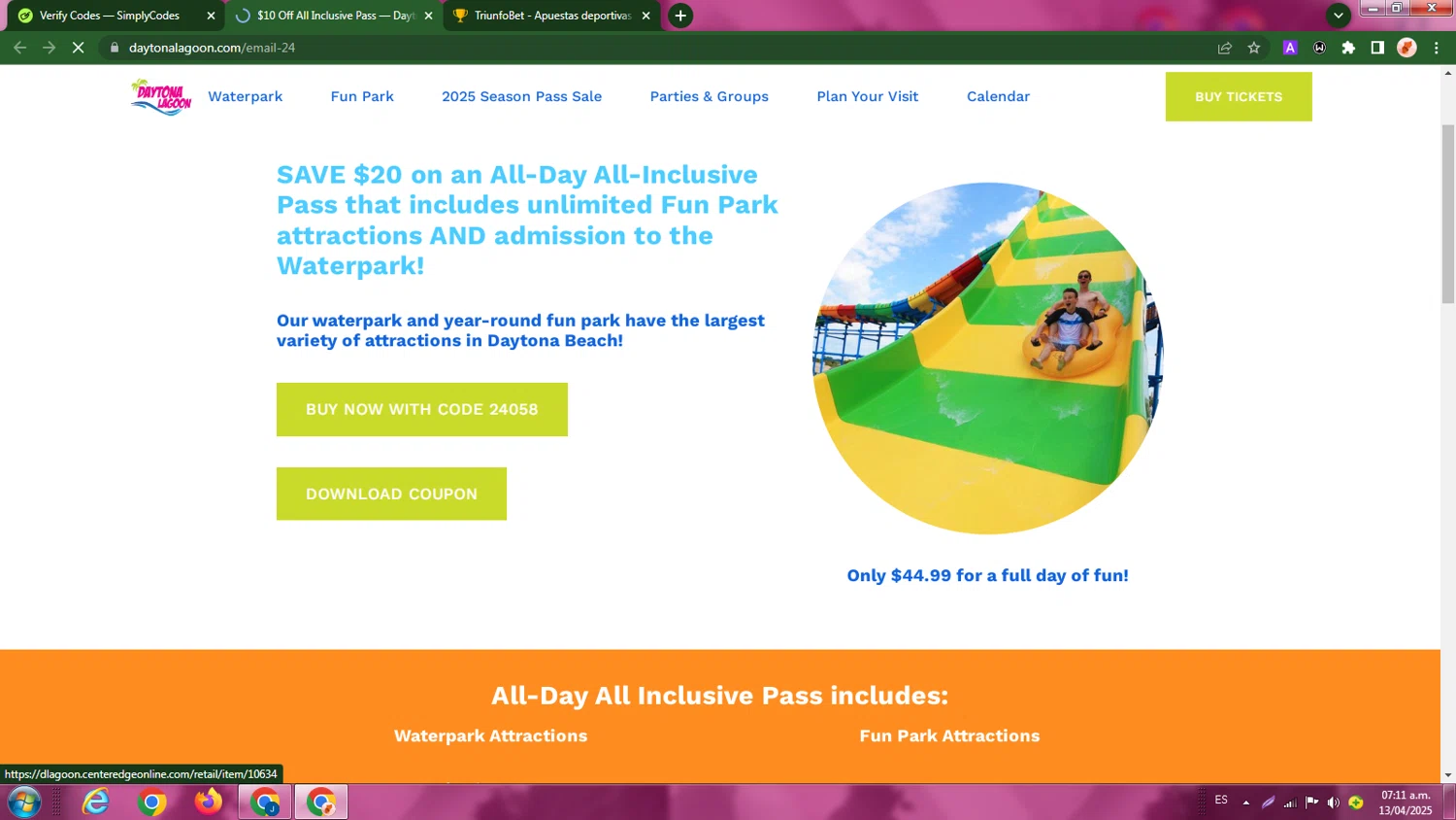 Daytona Lagoon promo code screenshot showing code 24058 applied at Daytona Lagoon checkout page. Uploaded by SimplyCodes community member LegendaryBoss7060 on Apr 13, 2025
