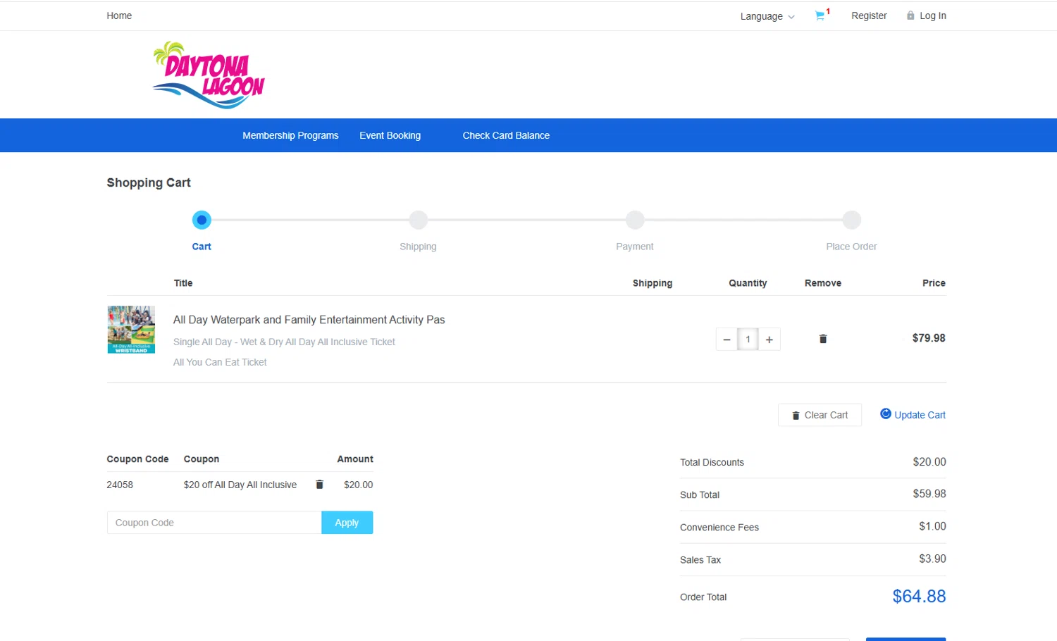 Daytona Lagoon promo code screenshot showing code 24058 applied at Daytona Lagoon checkout page. Uploaded by SimplyCodes community member danielgonzalez5 on Mar 15, 2025