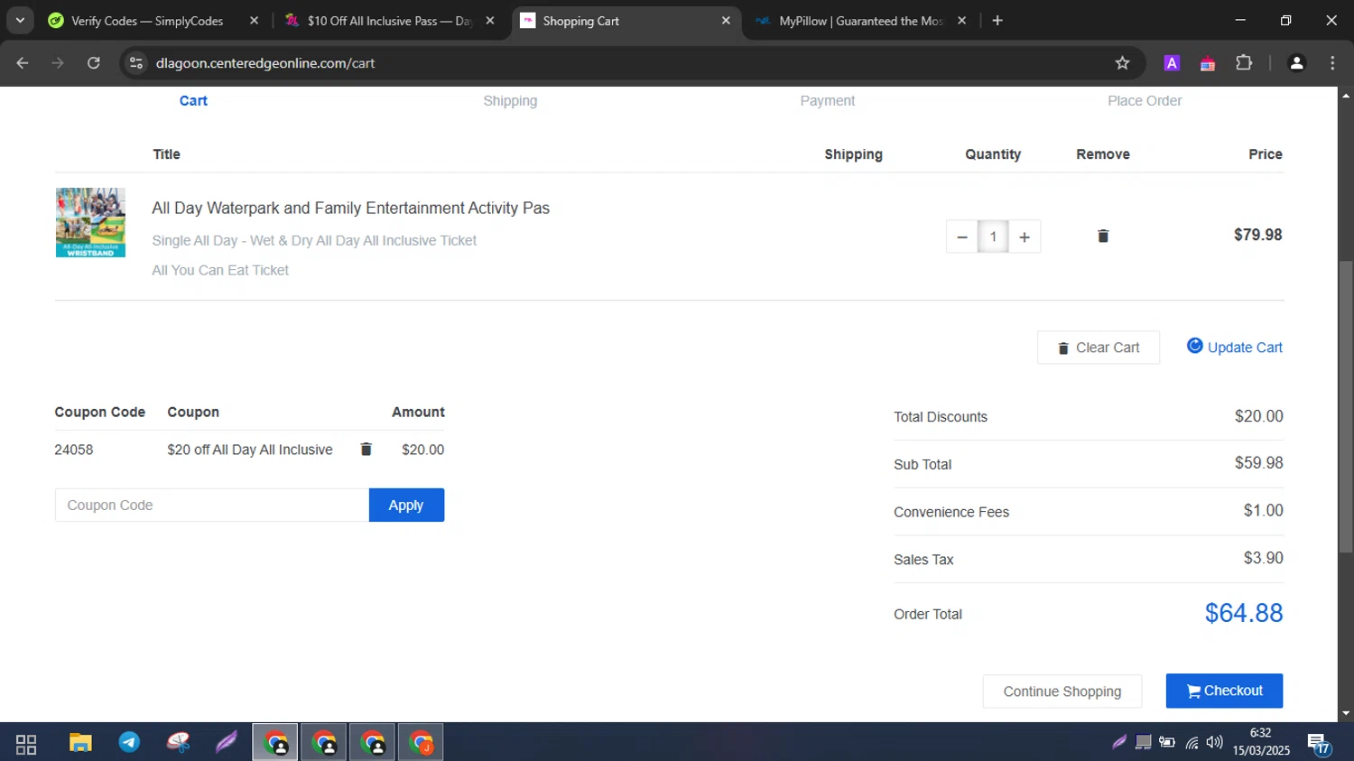 Daytona Lagoon promo code screenshot showing code 24058 applied at Daytona Lagoon checkout page. Uploaded by SimplyCodes community member messi10 on Mar 15, 2025