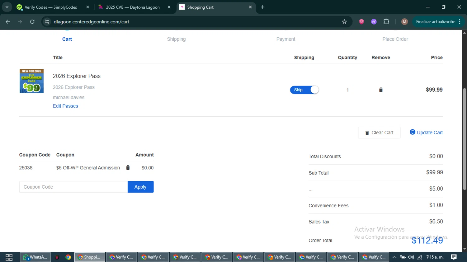 Daytona Lagoon promo code screenshot showing code 25036 applied at Daytona Lagoon checkout page. Uploaded by SimplyCodes community member DiscountTitan4635 on Apr 5, 2026