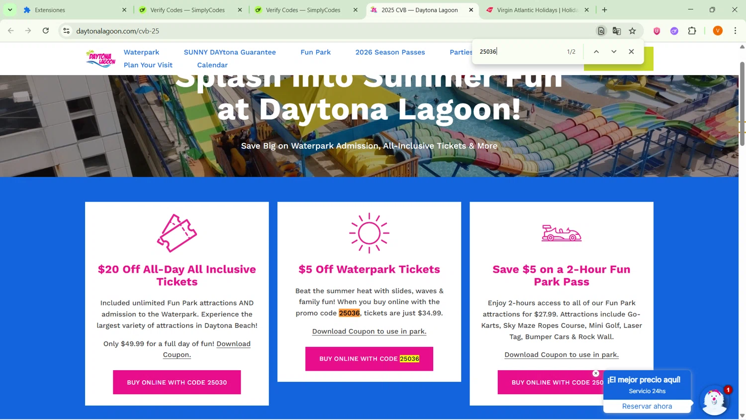 Daytona Lagoon promo code screenshot showing code 25036 applied at Daytona Lagoon checkout page. Uploaded by SimplyCodes community member RebateSaver5991 on Nov 11, 2025