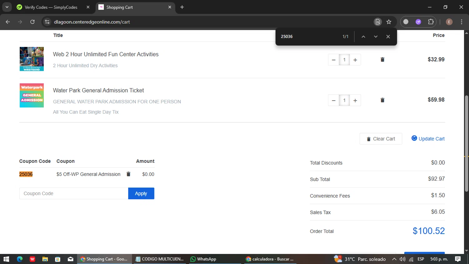 Daytona Lagoon promo code screenshot showing code 25036 applied at Daytona Lagoon checkout page. Uploaded by SimplyCodes community member gleykerjose on Oct 13, 2025