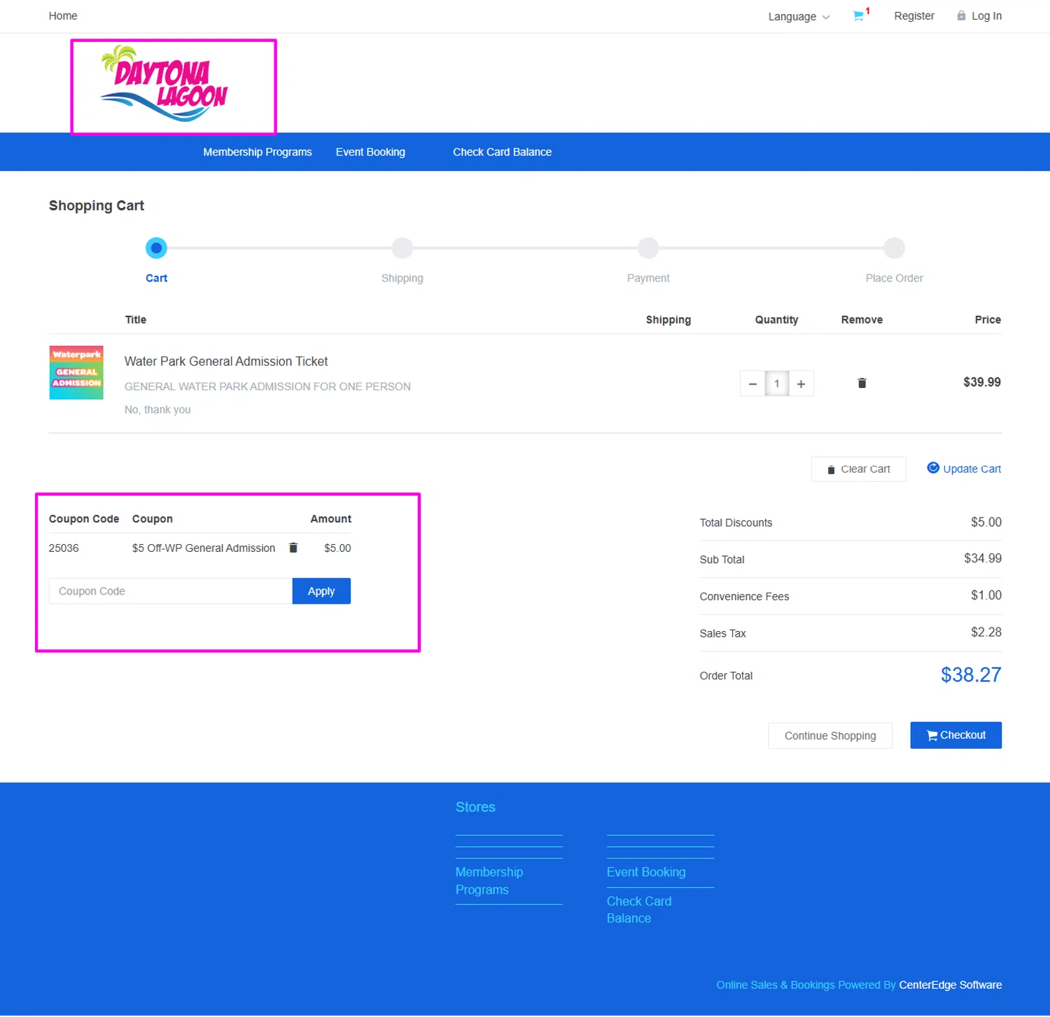 Daytona Lagoon promo code screenshot showing code 25036 applied at Daytona Lagoon checkout page. Uploaded by SimplyCodes community member mrdarcy on Oct 13, 2025