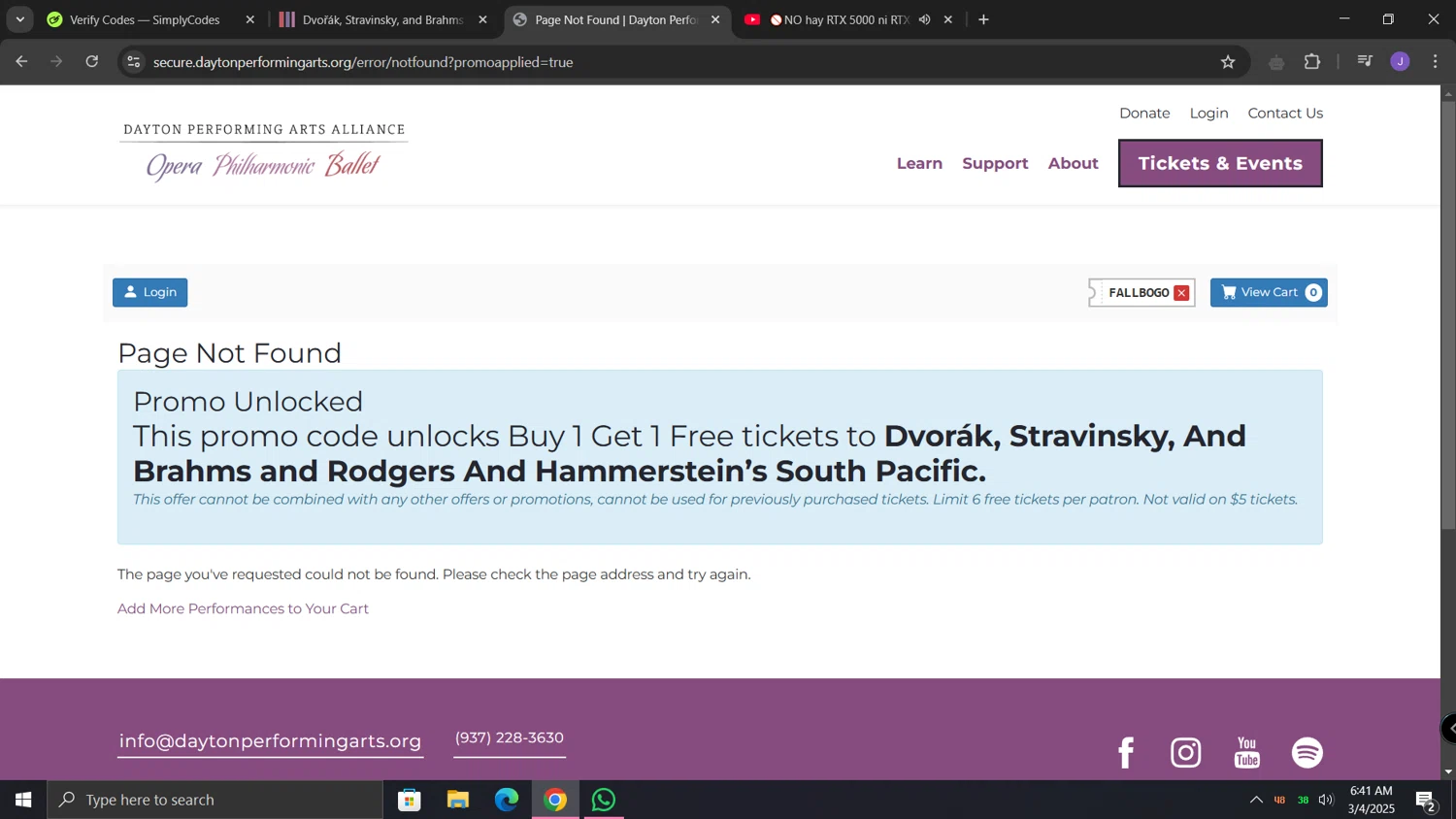 Dayton Performing Arts checkout page showing Dayton Performing Arts promo code box | Screenshot taken by SimplyCodes community member on Mar 4, 2025