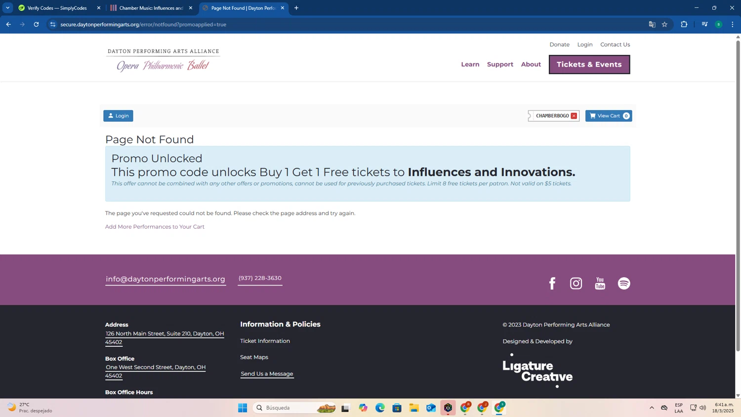 Dayton Performing Arts checkout page showing Dayton Performing Arts promo code box | Screenshot taken by SimplyCodes community member on Mar 18, 2025