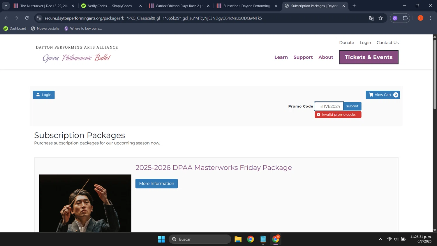 Dayton Performing Arts promo code screenshot showing code FESTIVE2024 applied at Dayton Performing Arts checkout page. Uploaded by SimplyCodes community member ThriftyTracker446 on Jul 7, 2025