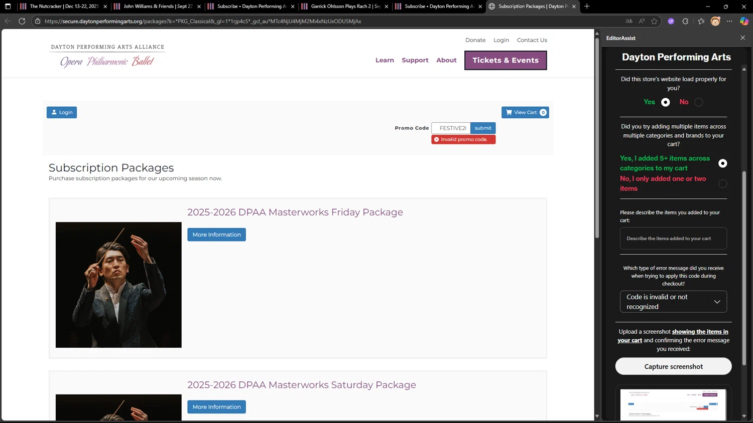Dayton Performing Arts promo code screenshot showing code FESTIVE2024 applied at Dayton Performing Arts checkout page. Uploaded by SimplyCodes community member vergil_777 on Jul 7, 2025